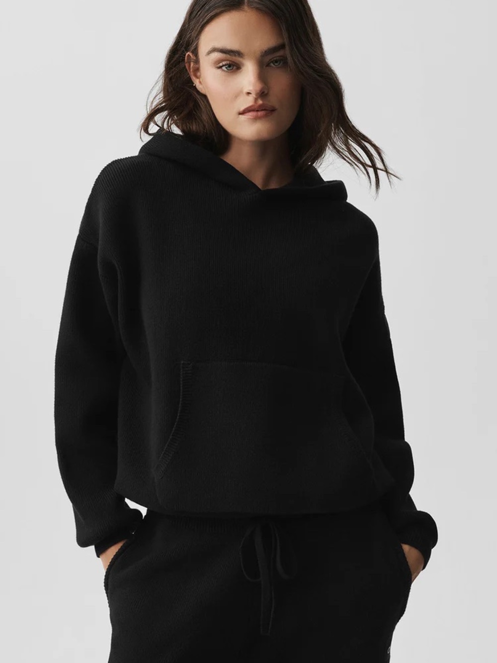 ALO Yoga Black Knit Scholar Hooded Sweater Black size Small EUC